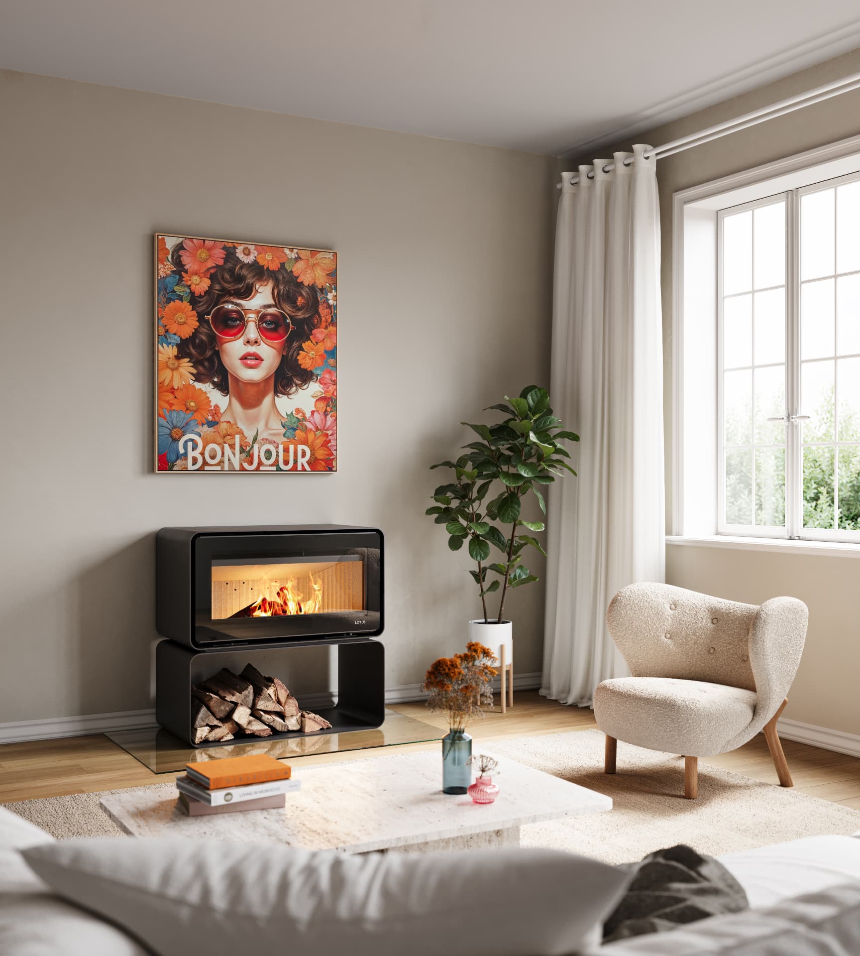 Kamin Lotus Living v dnevnem prostoru